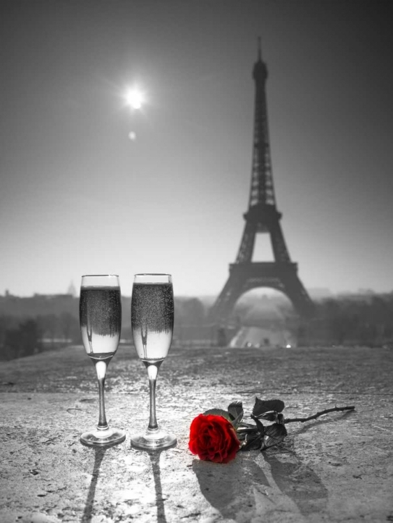 Picture of CHAMPAGNE GLASSES WITH RED ROSE NEXT TO THE EIFFEL TOWER