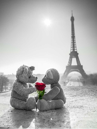 Picture of TWO TEDDY BEARS WITH A ROSE NEXT TO THE EIFFEL TOWER