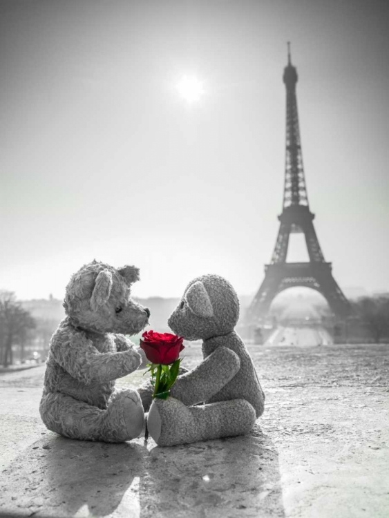 Picture of TWO TEDDY BEARS WITH A ROSE NEXT TO THE EIFFEL TOWER