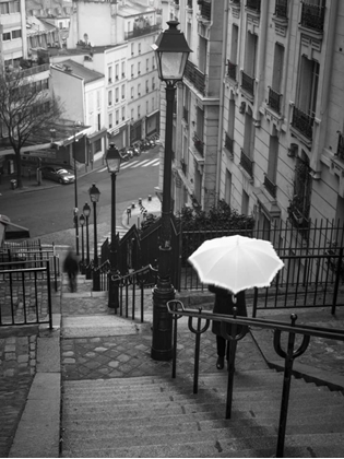 Picture of WOMAN WITH WHITE UMBRELLA STANDING ON STAIRCASE IN MONTMARTRE, PARIS, FRANCE