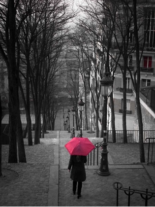 Picture of WOMAN WITH RED UMBRELLA STANDING ON STAIRCASE IN MONTMARTRE, PARIS, FRANCE