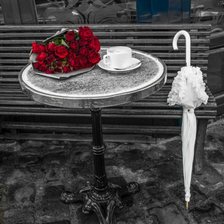 Picture of BUNCH OF FLOWERS ON SIDEWALK CAFE TABLE, PARIS, FRANCE