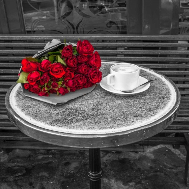 Picture of BUNCH OF FLOWERS ON SIDEWALK CAFE TABLE, PARIS, FRANCE