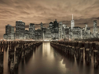 Picture of MANHATTAN SKYLINE WITH ROWS OF GROYNES IN FOREGROUND, NEW YORK