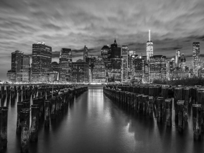 Picture of MANHATTAN SKYLINE WITH ROWS OF GROYNES IN FOREGROUND, NEW YORK