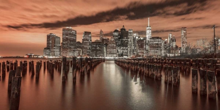 Picture of MANHATTAN SKYLINE WITH ROWS OF GROYNES IN FOREGROUND, NEW YORK