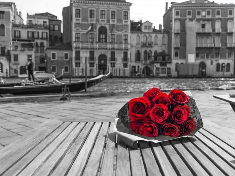 Picture of BUNCH OF RED ROSES ON STREET CAFE TABLE NEAR CANAL, VENICE, ITALY