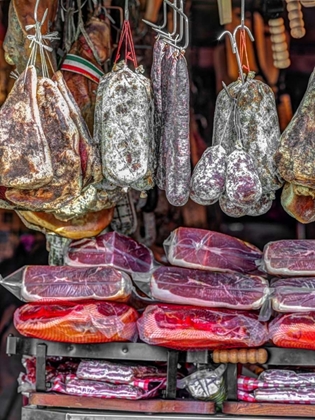 Picture of VARIOUS SALAMI HANGING IN A WINDOW OF AN ITALIAN SALAMI SHOP, ROME, ITALY