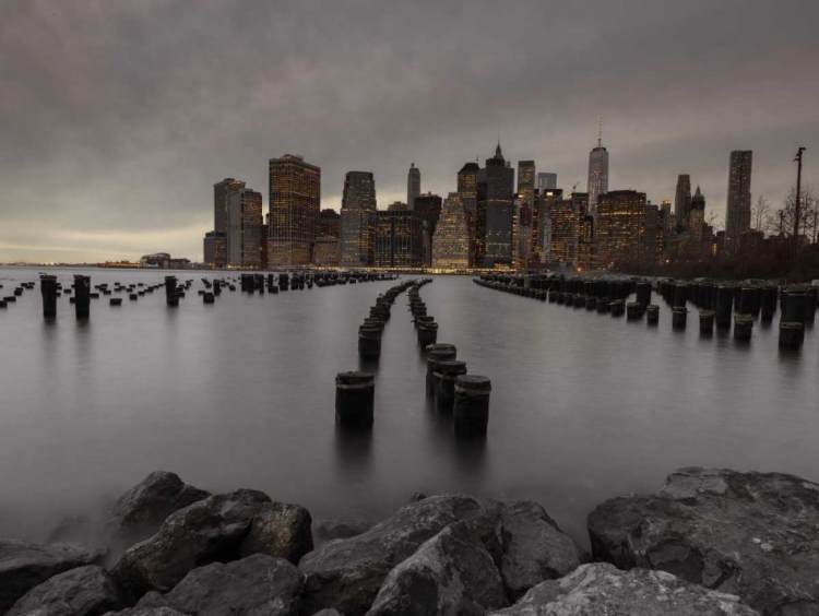 Picture of MANHATTAN SKYLINE WITH ROWS OF GROYNES IN EAST RIVER, NEW YORK