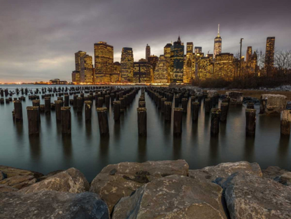 Picture of MANHATTAN SKYLINE WITH ROWS OF GROYNES IN EAST RIVER, NEW YORK