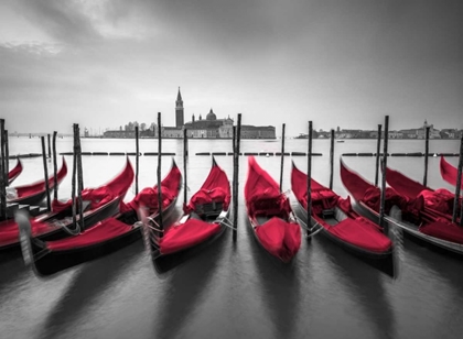 Picture of BUNCH OF ROSES AND UMBRELLA ON PIER WITH GONDOLAS MOORED IN CANAL, VENICE, ITALY