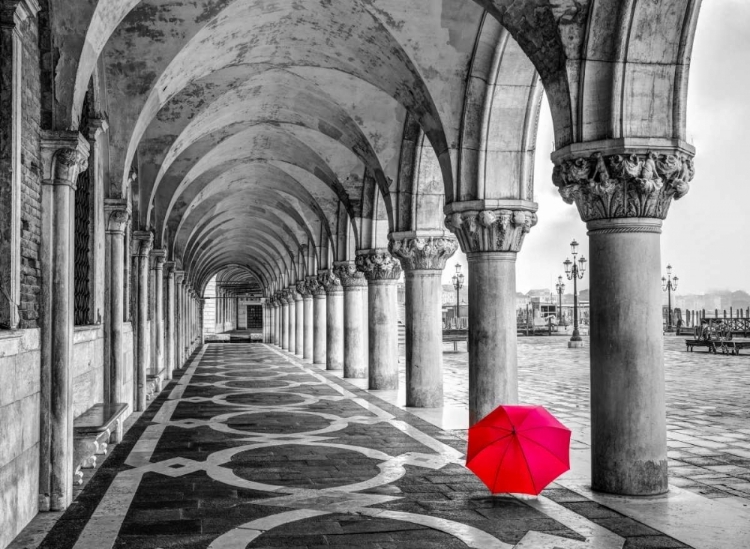 Picture of BUNCH OF ROSES AND AN UMBRELLA ON A BENCH, VENICE, ITALY