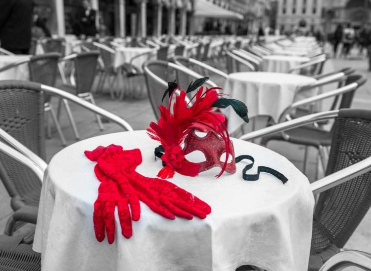 Picture of FEMALE HAND GLOVES WITH VENETIAN MASK ON CAFE TABLE, VENICE, ITALY