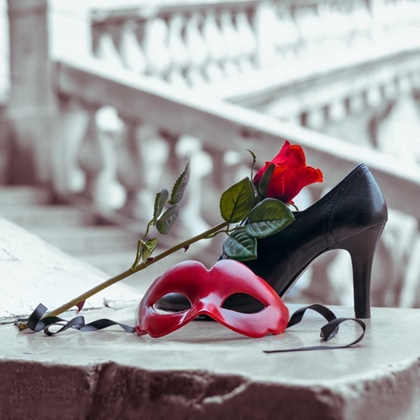 Picture of VENETIAN MASK AND HIGH HEEL SHOE WITH RED ROSE, RIALTO BRIDGE, VENICE, ITALY