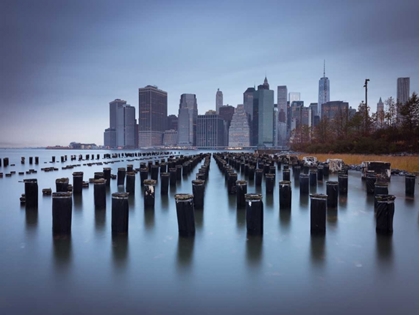 Picture of LOWER MANHATTAN SKYLINE WITH PIER PILINGS IN EAST RIVER, NEW YORK, USA