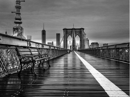 Picture of EMPTY BENCH ON THE PEDESTRIAN WALKWAY OF THE BROOKLYN BRIDGE, NEW YORK