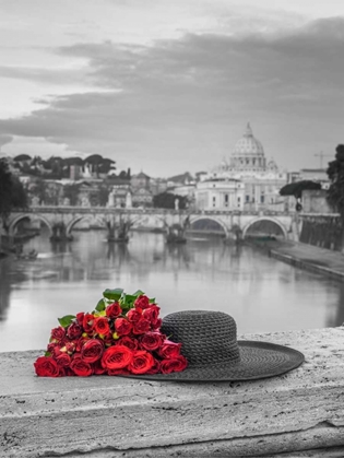 Picture of HAT AND BUNCH OF ROSES ON BRIDGE WITH BASILICA DI SAN PIETRO IN VATICAN, ROME, ITALY