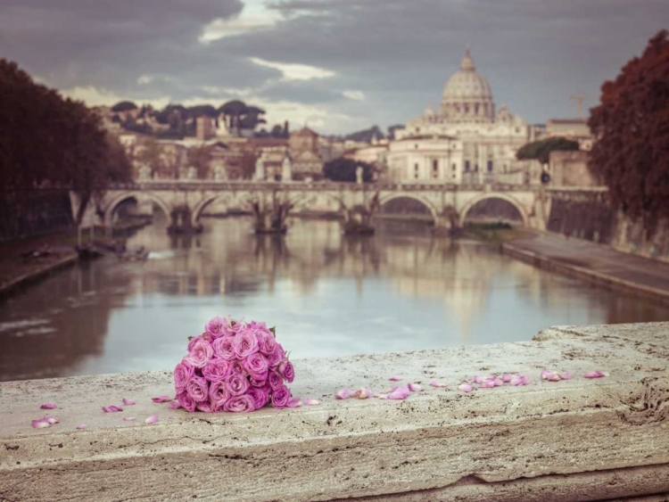 Picture of BUNCH OF ROSES ON BRIDGE WITH BASILICA DI SAN PIETRO IN VATICAN, ROME, ITALY