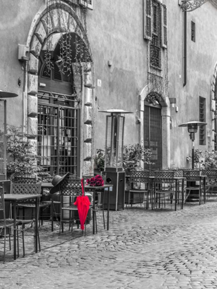 Picture of RED UMBRELLA WITH FEMALE HAT AND BUNCH OF ROSES ON CAFE TABLE, ROME, ITALY