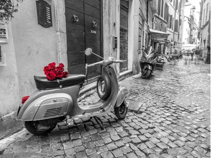 Picture of OLD SCOOTER WITH BUNCH OF ROSES ON NARROW STREET OF ROME