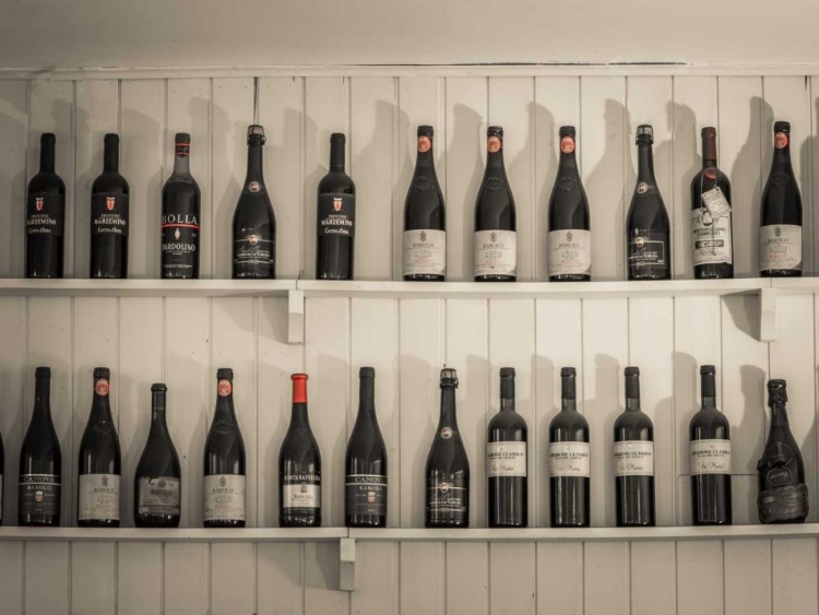 Picture of OLD WINE BOTTLES ON WOODEN SHELF