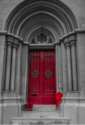 Picture of BUNCH OF ROSES WITH UMBRELLA AT DOOR OF A BUILDING IN MDINA, MALTA