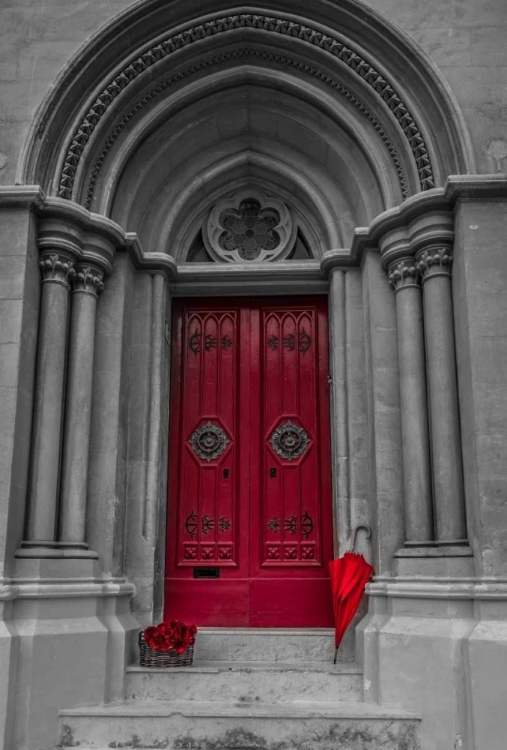 Picture of BUNCH OF ROSES WITH UMBRELLA AT DOOR OF A BUILDING IN MDINA, MALTA