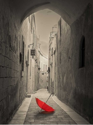 Picture of RED UMBRELLA ON NARROW STREET OF MDINA, MALTA