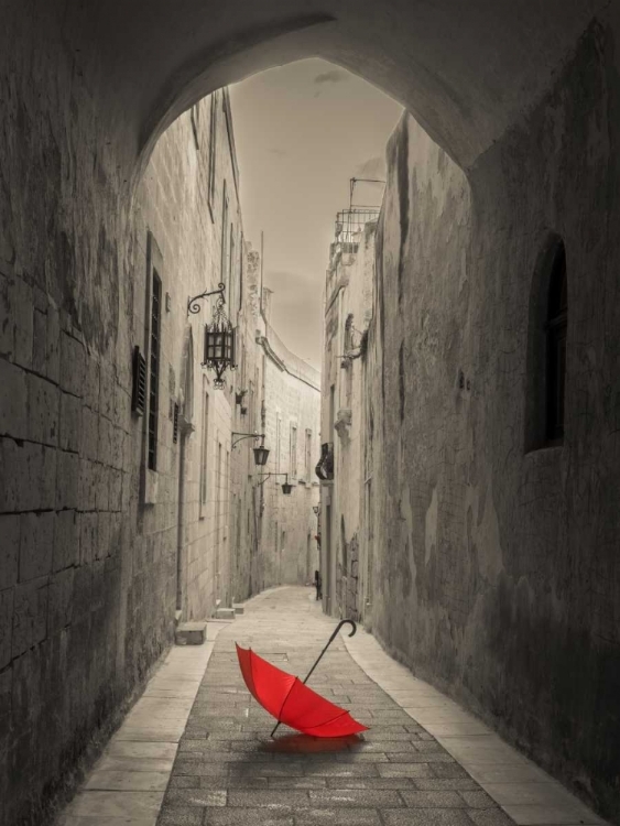 Picture of RED UMBRELLA ON NARROW STREET OF MDINA, MALTA