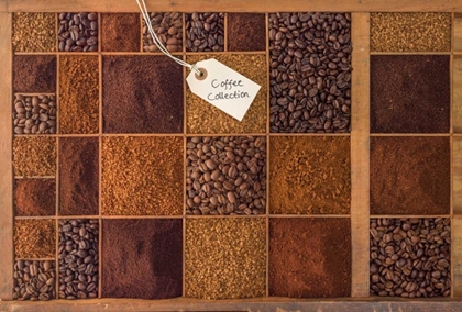Picture of VARIETY OF COFFEE BEANS IN A WOODEN BOX
