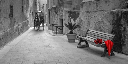 Picture of UMBRELLA WITH BUNCH OF ROSES ON BENCH, MDINA, MALTA