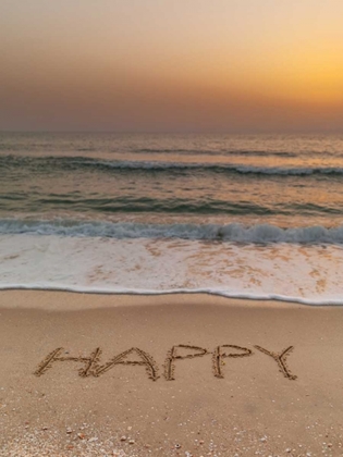 Picture of SAND WRITING - WORD HAPPY WRITTEN ON BEACH