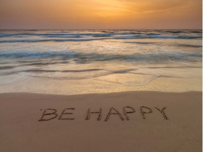 Picture of SAND WRITING - WORD BE HAPPY WRITTEN ON BEACH