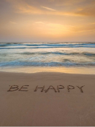Picture of SAND WRITING - WORD BE HAPPY WRITTEN ON BEACH