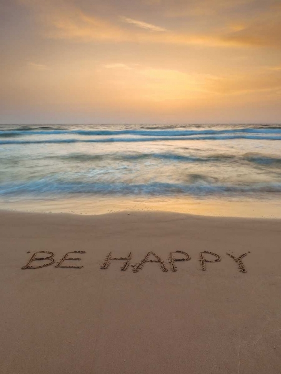 Picture of SAND WRITING - WORD BE HAPPY WRITTEN ON BEACH