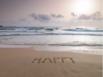 Picture of SAND WRITING - WORD HAPPY WRITTEN ON BEACH