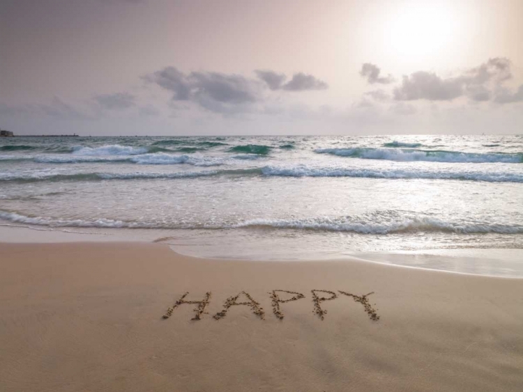 Picture of SAND WRITING - WORD HAPPY WRITTEN ON BEACH