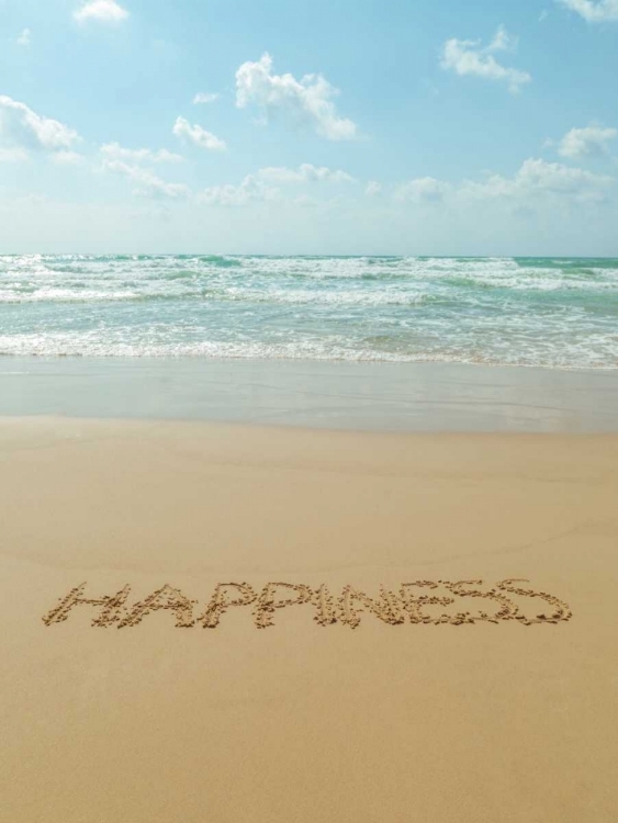 Picture of WORD HAPPINESS WRITTEN IN SAND ON THE BEACH