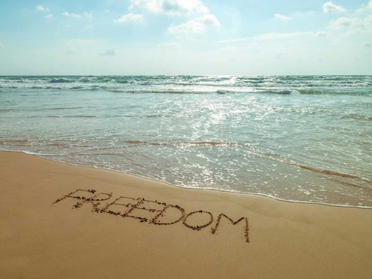 Picture of WORD FREEDOM WRITTEN IN SAND ON THE BEACH