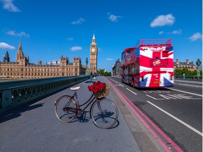 Picture of BICYCLE WITH BUNCH OF FLOWERS ON WESTMINSTER BRIDGE , LONDON, UK