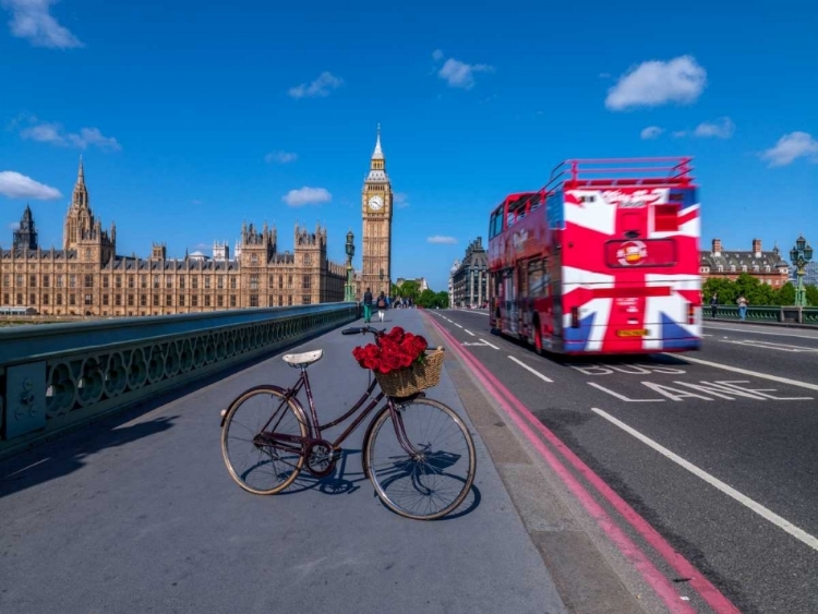 Picture of BICYCLE WITH BUNCH OF FLOWERS ON WESTMINSTER BRIDGE , LONDON, UK