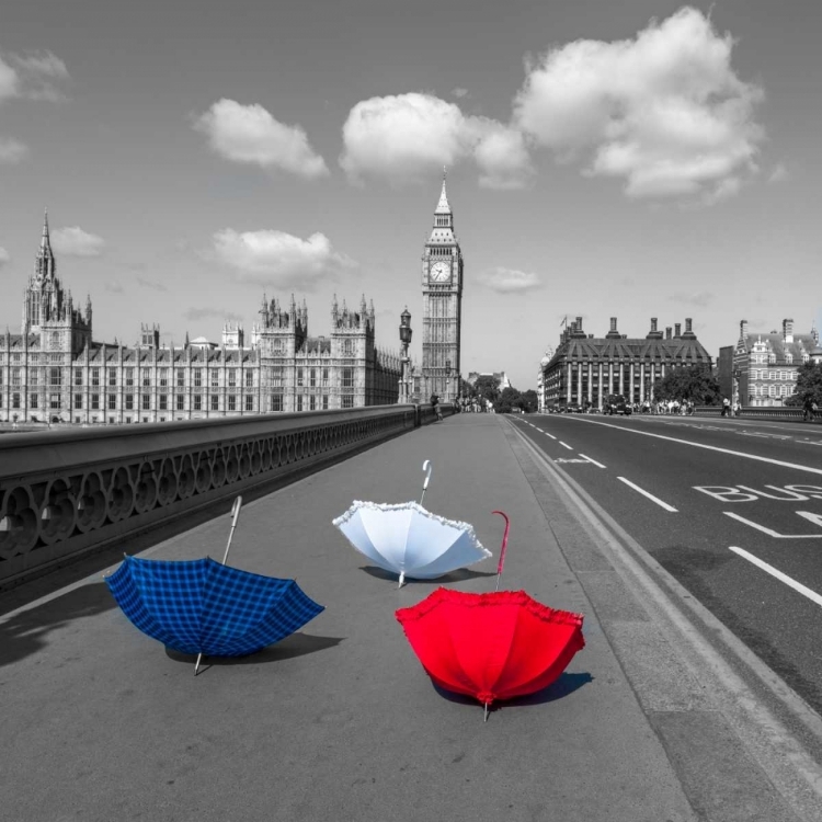 Picture of COLOURFUL UMBRELLAS ON WESTMINSTER BRIDGE , LONDON, UK