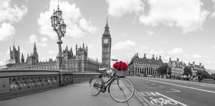 Picture of BICYCLE WITH BUNCH OF FLOWERS ON WESTMINSTER BRIDGE, LONDON, UK