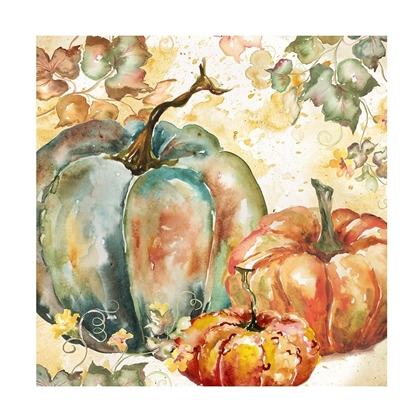 Picture of WATERCOLOR HARVEST TEAL AND ORANGE PUMPKINS I