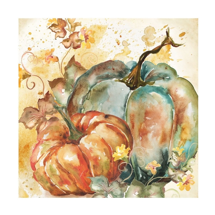 Picture of WATERCOLOR HARVEST TEAL AND ORANGE PUMPKINS II