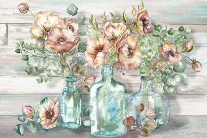 Picture of BLUSH POPPIES AND EUCALYPTUS IN BOTTLES LANDSCAPE