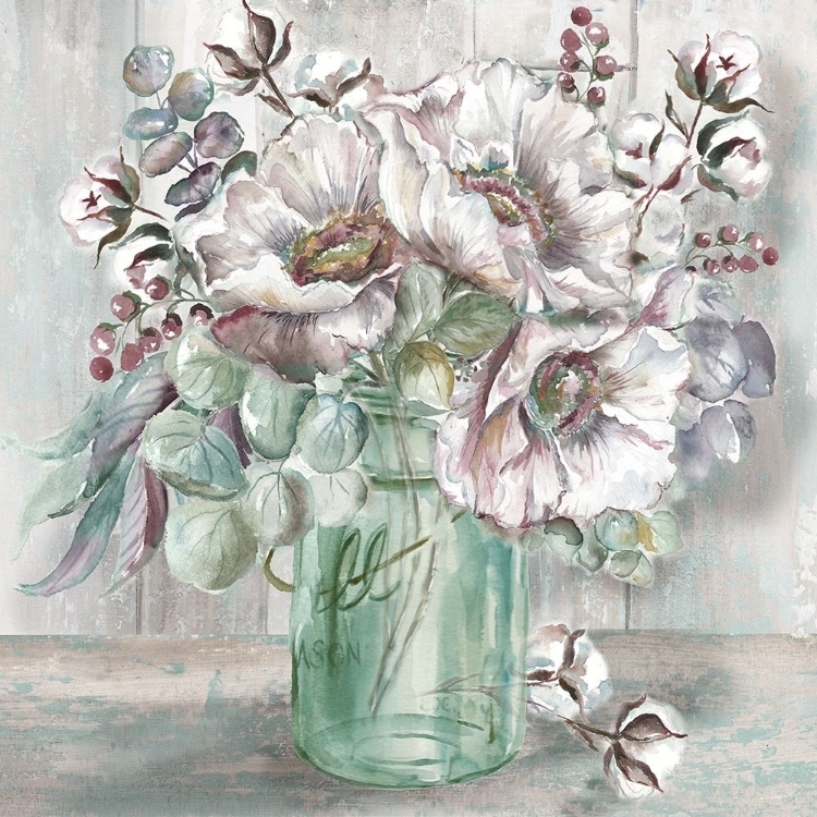 Picture of BLUSH POPPIES AND EUCALYPTUS IN MASON JAR