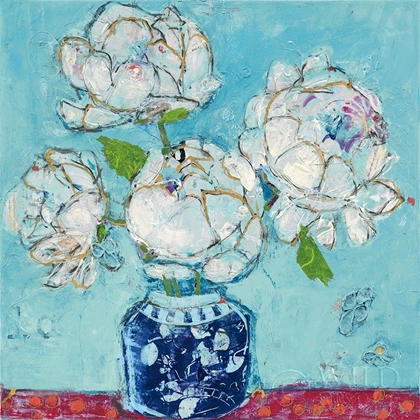 Picture of VASE OF PEONIES AQUA