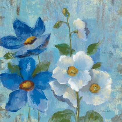 Picture of HOLLYHOCKS AND BLUE FLOWERS II