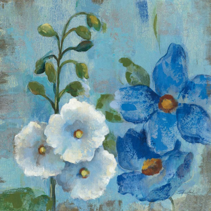 Picture of HOLLYHOCKS AND BLUE FLOWERS I